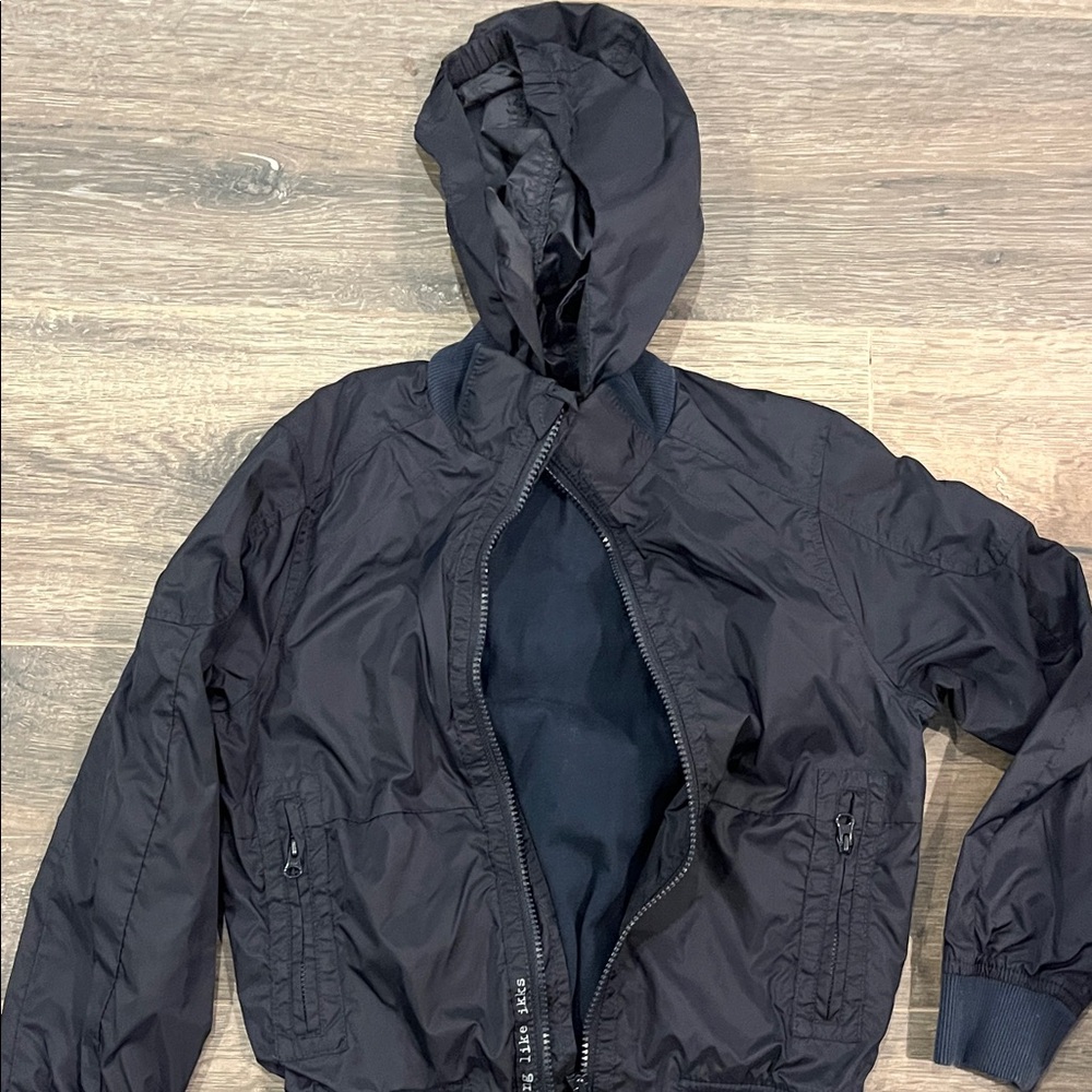 Ikks Charcoal Hooded Jacket size 8. hood snaps on and off for a versatile look